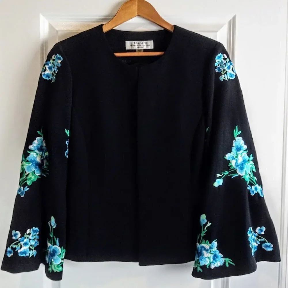 Tahari Petites Black Blue Floral Embroidered Fan Sleeve Blazer